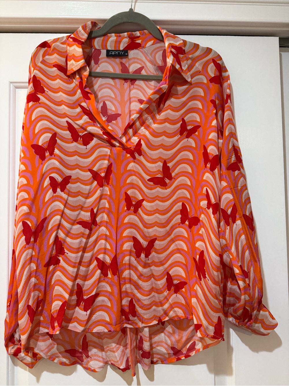 APNY Sheer Butterfly Print Blouse in Red & Orange